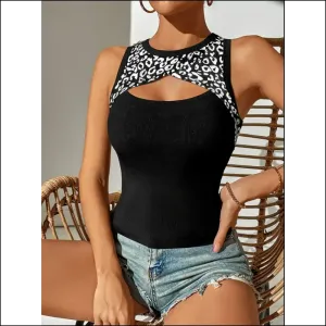 Ivy Lane Leopard Cutout Round Neck Tank