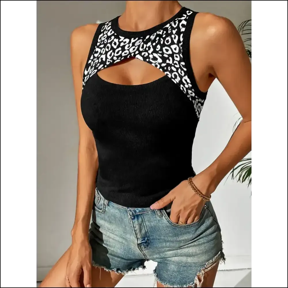 Ivy Lane Leopard Cutout Round Neck Tank