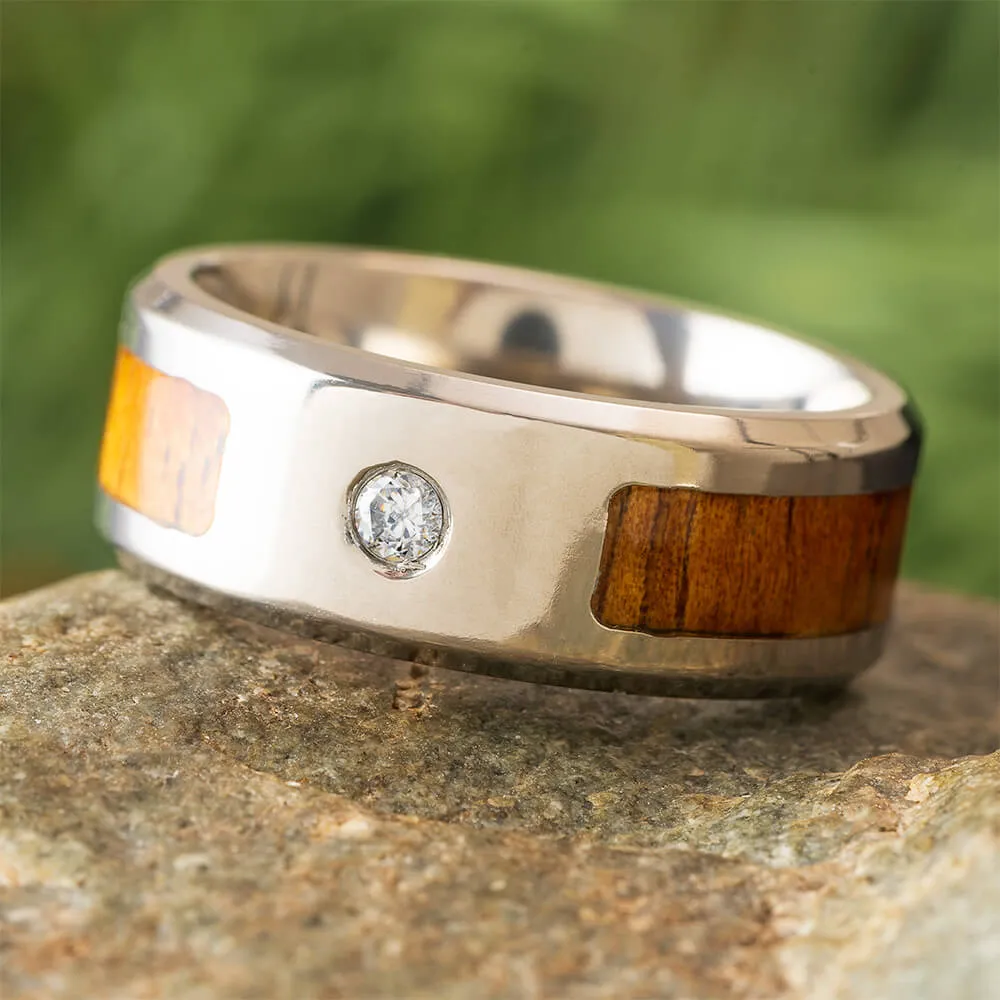 Koa Wood Ring with Cubic Zirconia, 8mm Polished Finish-SI1517
