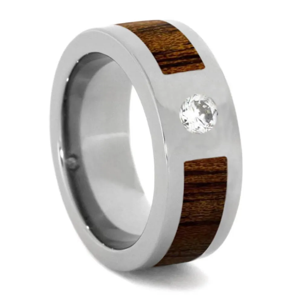 Koa Wood Ring with Cubic Zirconia, 8mm Polished Finish-SI1517