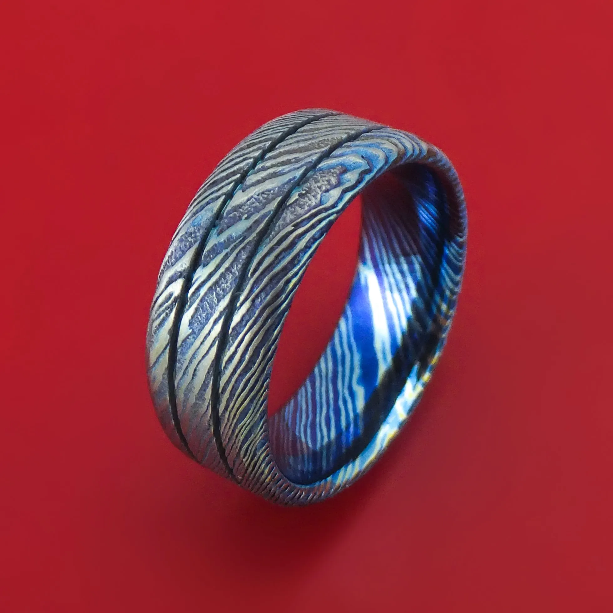 Kuro-Ti Twisted Titanium Etched and Heat-Treated Ring with Grooves Custom Made Band