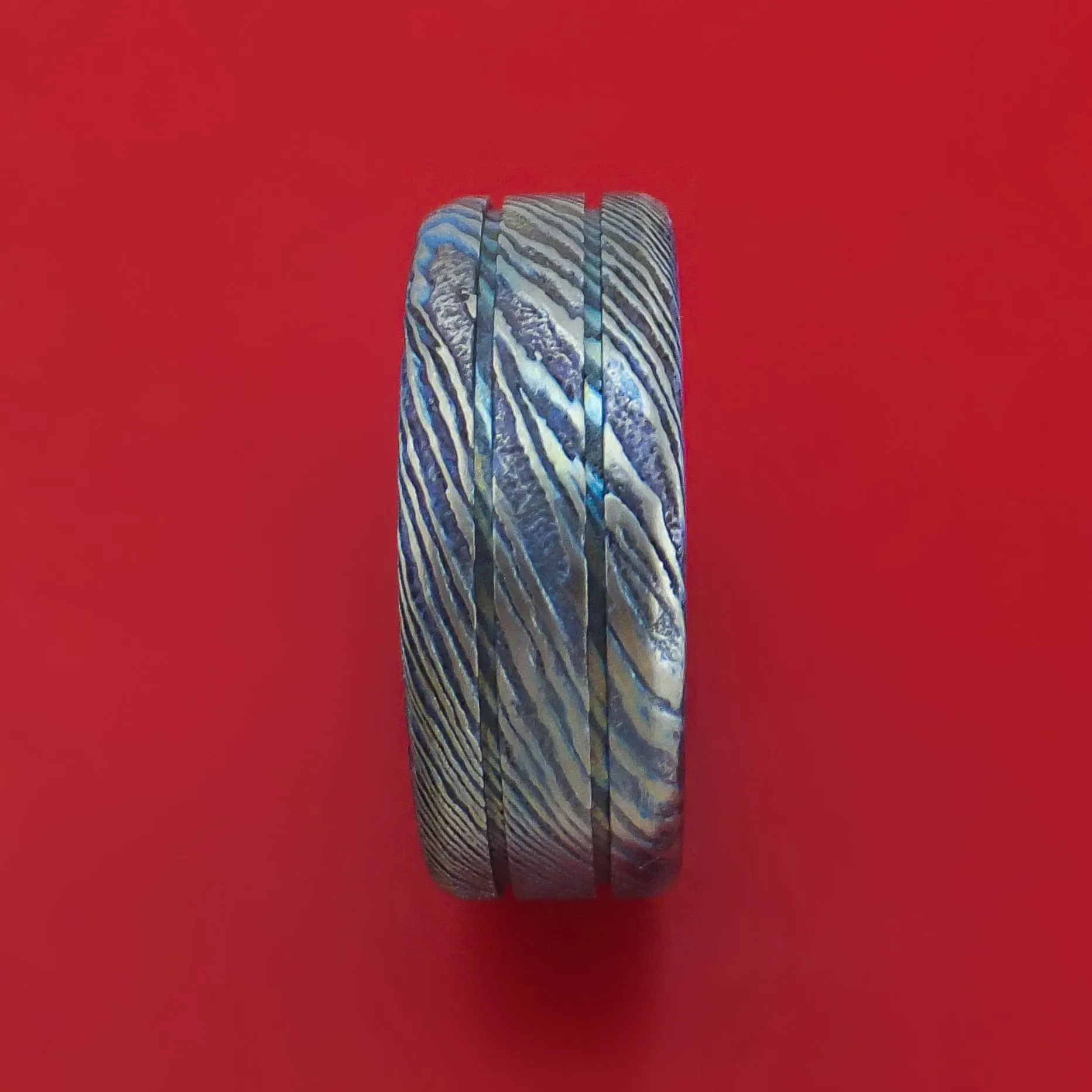 Kuro-Ti Twisted Titanium Etched and Heat-Treated Ring with Grooves Custom Made Band