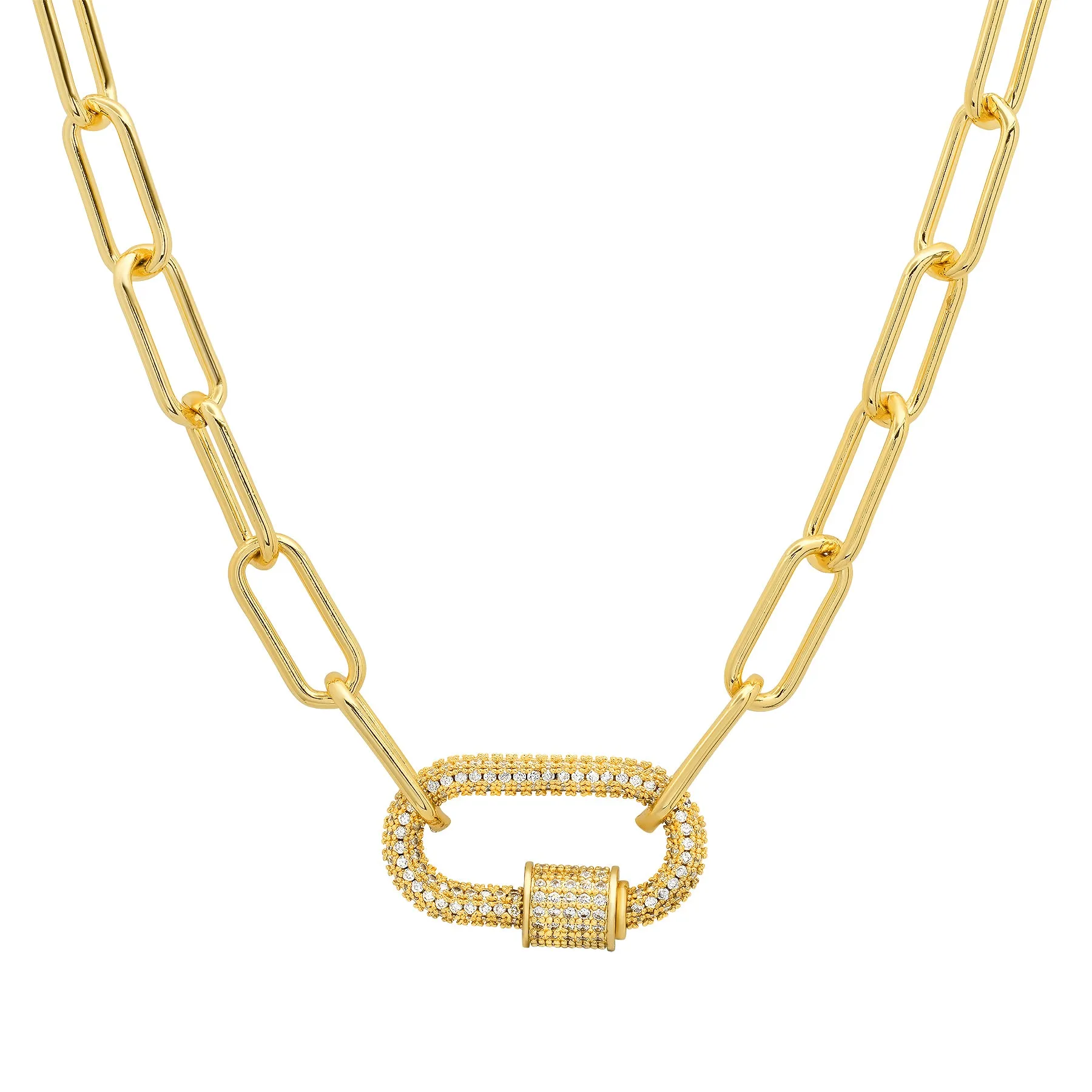 LARGE WHITE CZ CARABINER PAPERCLIP CHAIN, GOLD ON GOLD