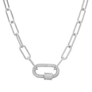 LARGE WHITE CZ CARABINER PAPERCLIP CHAIN, SILVER ON SILVER