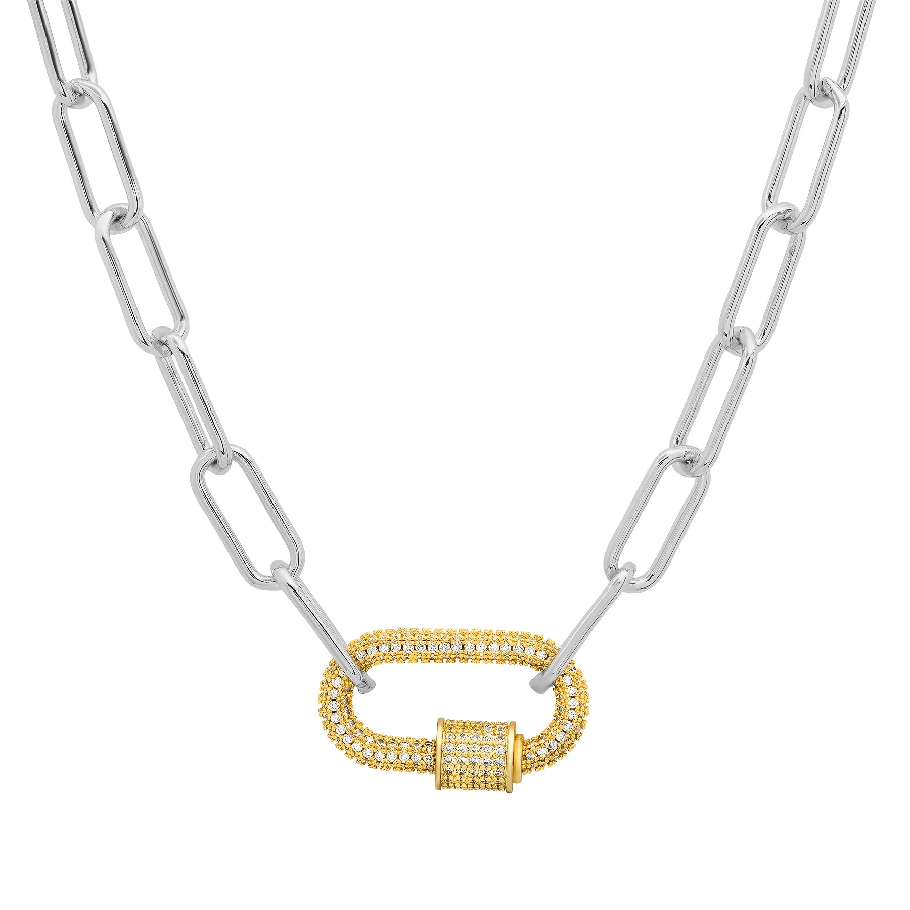 LARGE WHITE CZ CARABINER PAPERCLIP CHAIN, SILVER