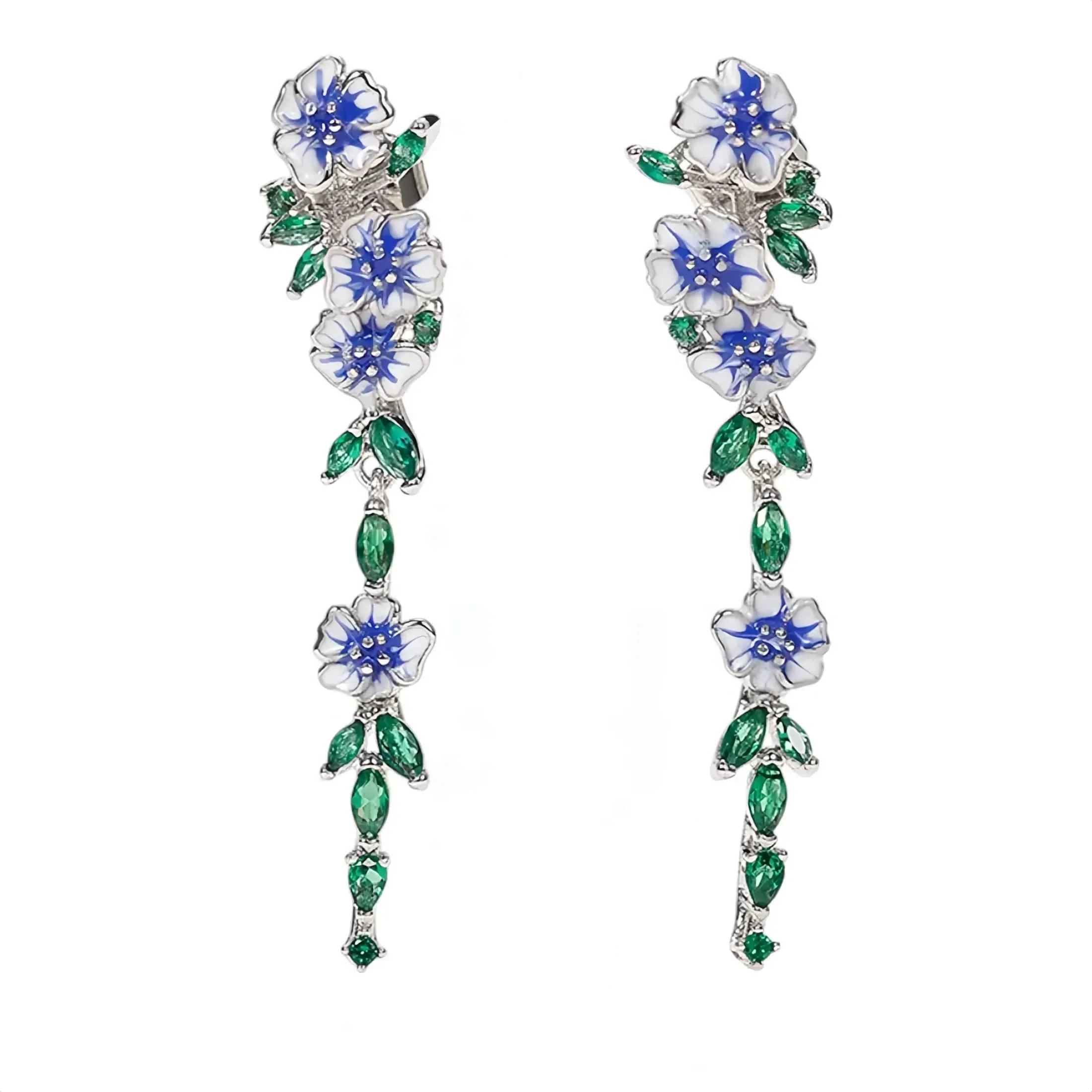 Long Flower Earrings (Silver, Drop)