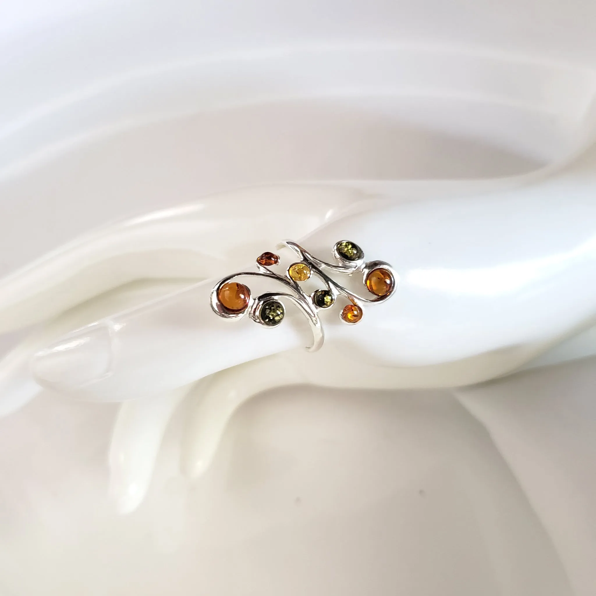 Long Sterling Silver Ring with 8 Natural Amber Beads