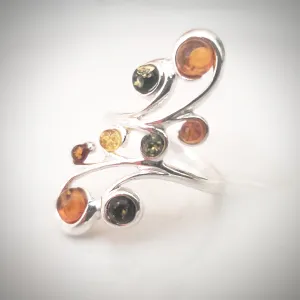 Long Sterling Silver Ring with 8 Natural Amber Beads