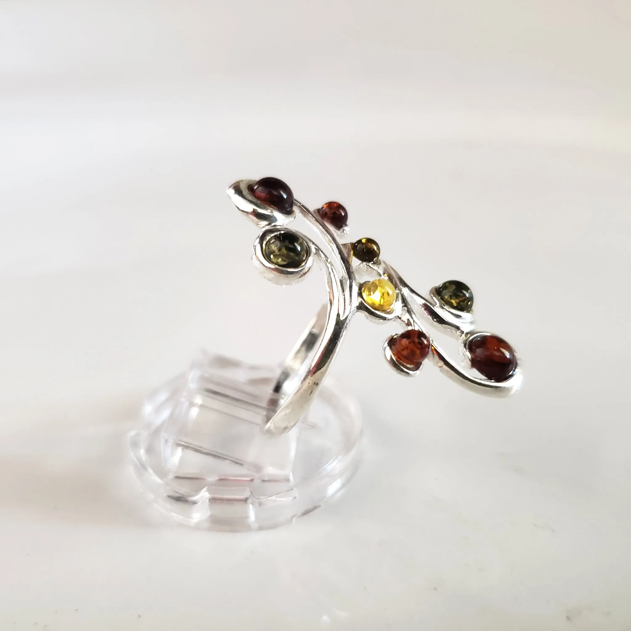 Long Sterling Silver Ring with 8 Natural Amber Beads
