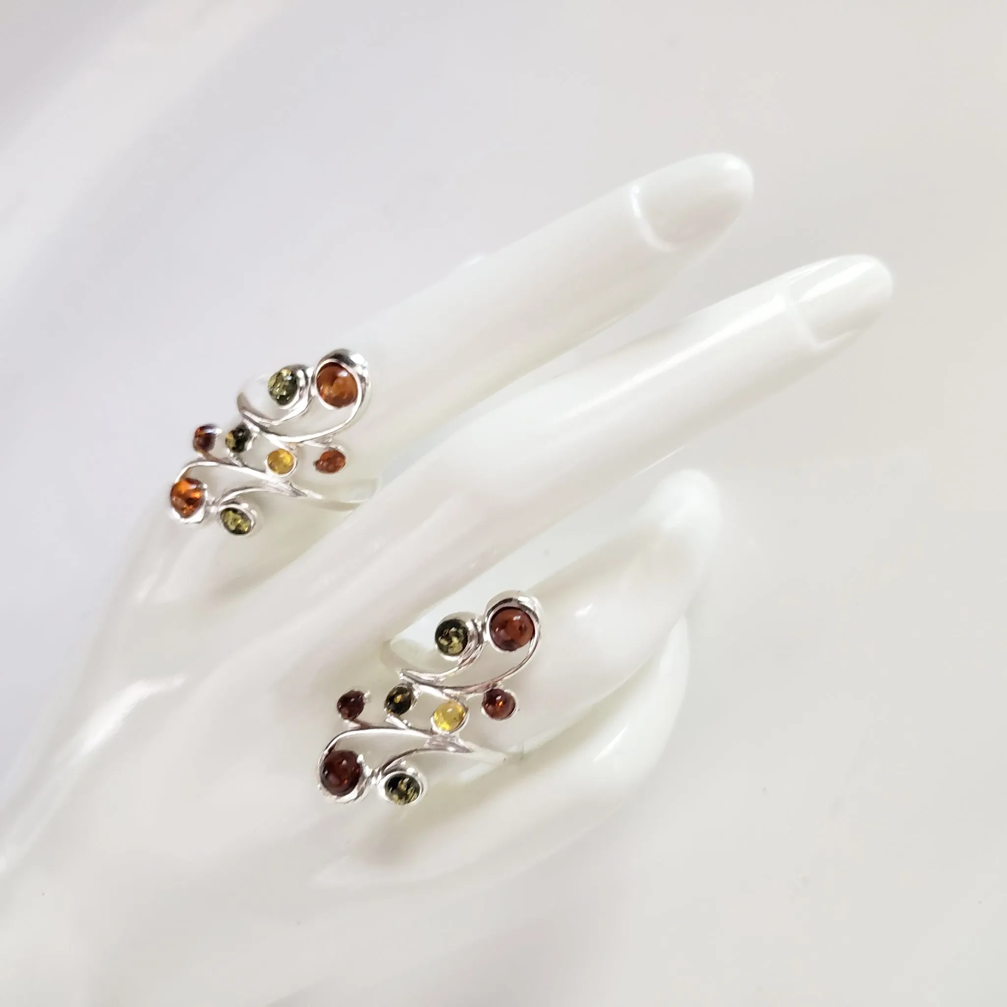 Long Sterling Silver Ring with 8 Natural Amber Beads