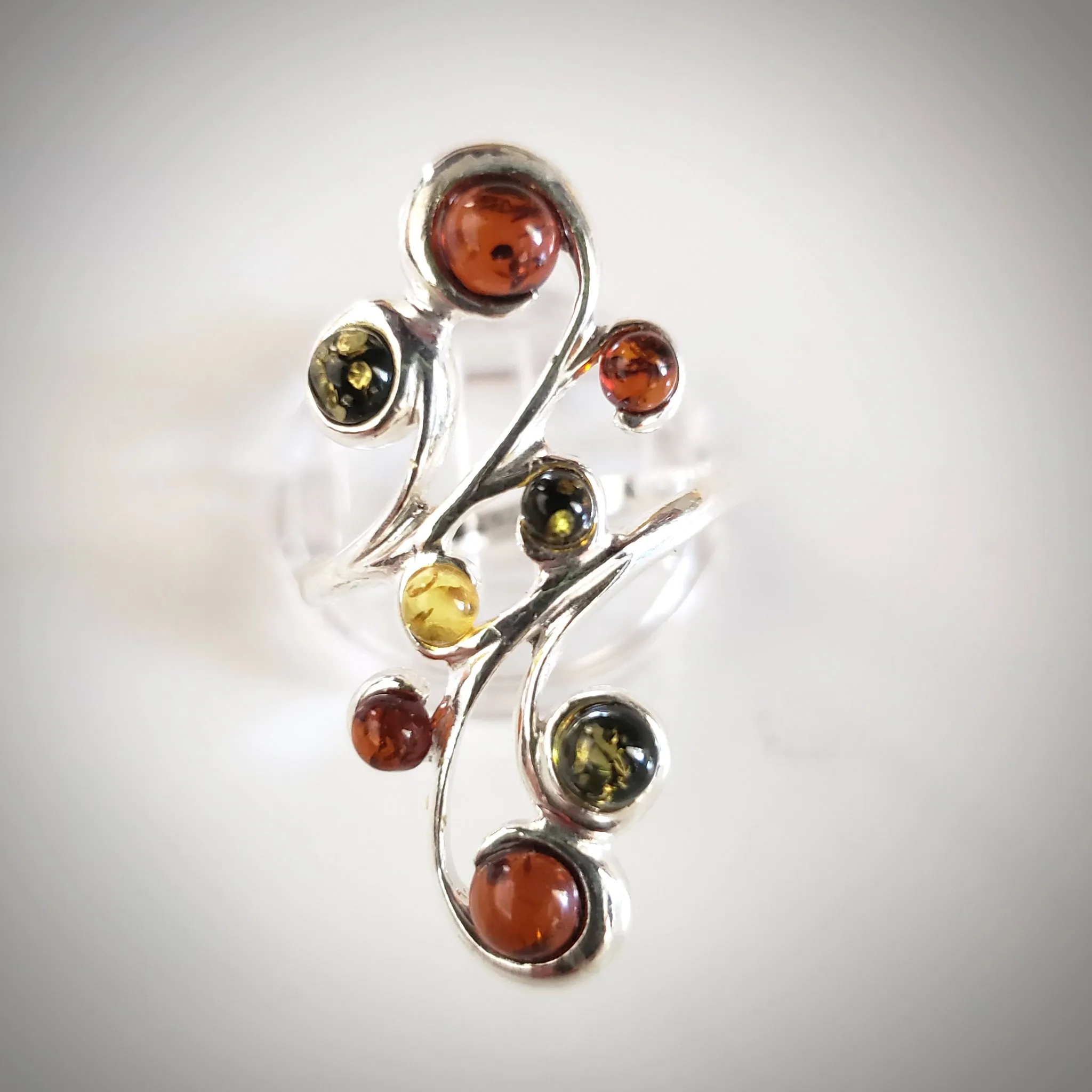 Long Sterling Silver Ring with 8 Natural Amber Beads