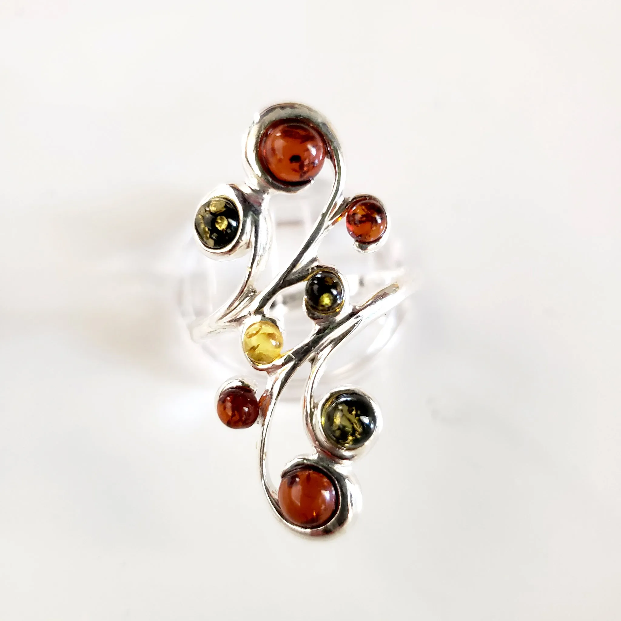 Long Sterling Silver Ring with 8 Natural Amber Beads
