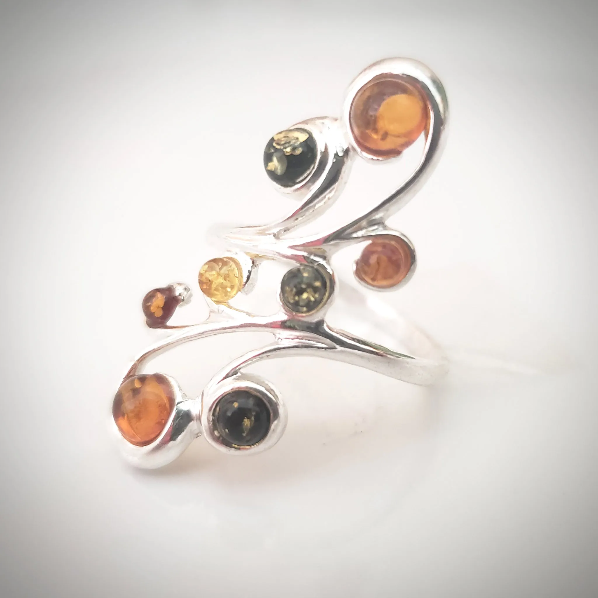 Long Sterling Silver Ring with 8 Natural Amber Beads