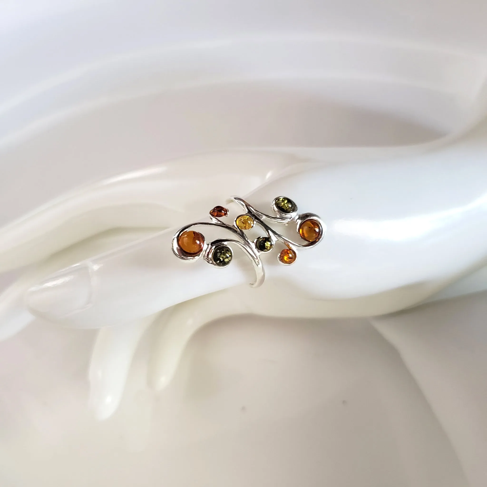 Long Sterling Silver Ring with 8 Natural Amber Beads