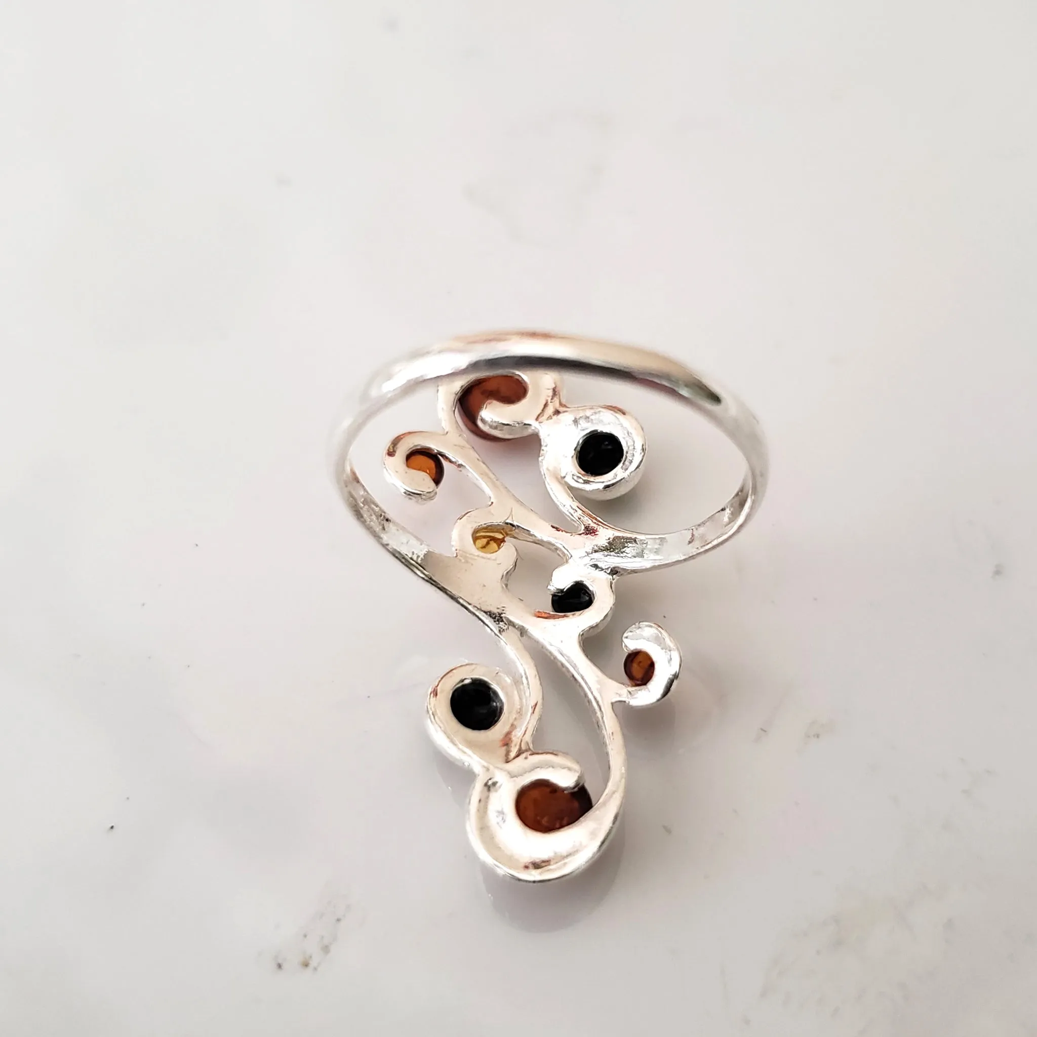 Long Sterling Silver Ring with 8 Natural Amber Beads