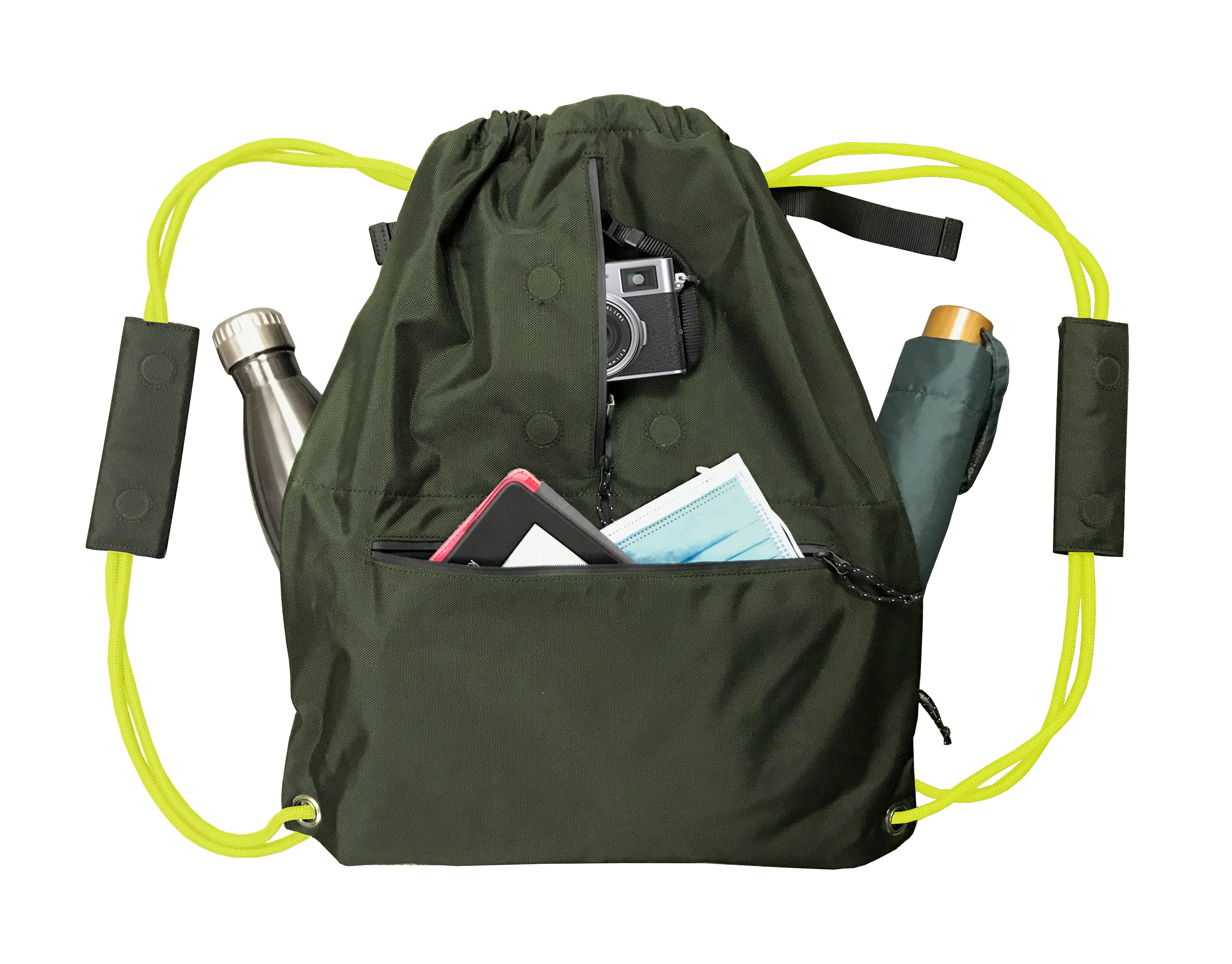 <A 000a001l02> LARGE SIZE Premium drawstring backpack (Green/Yellow)
