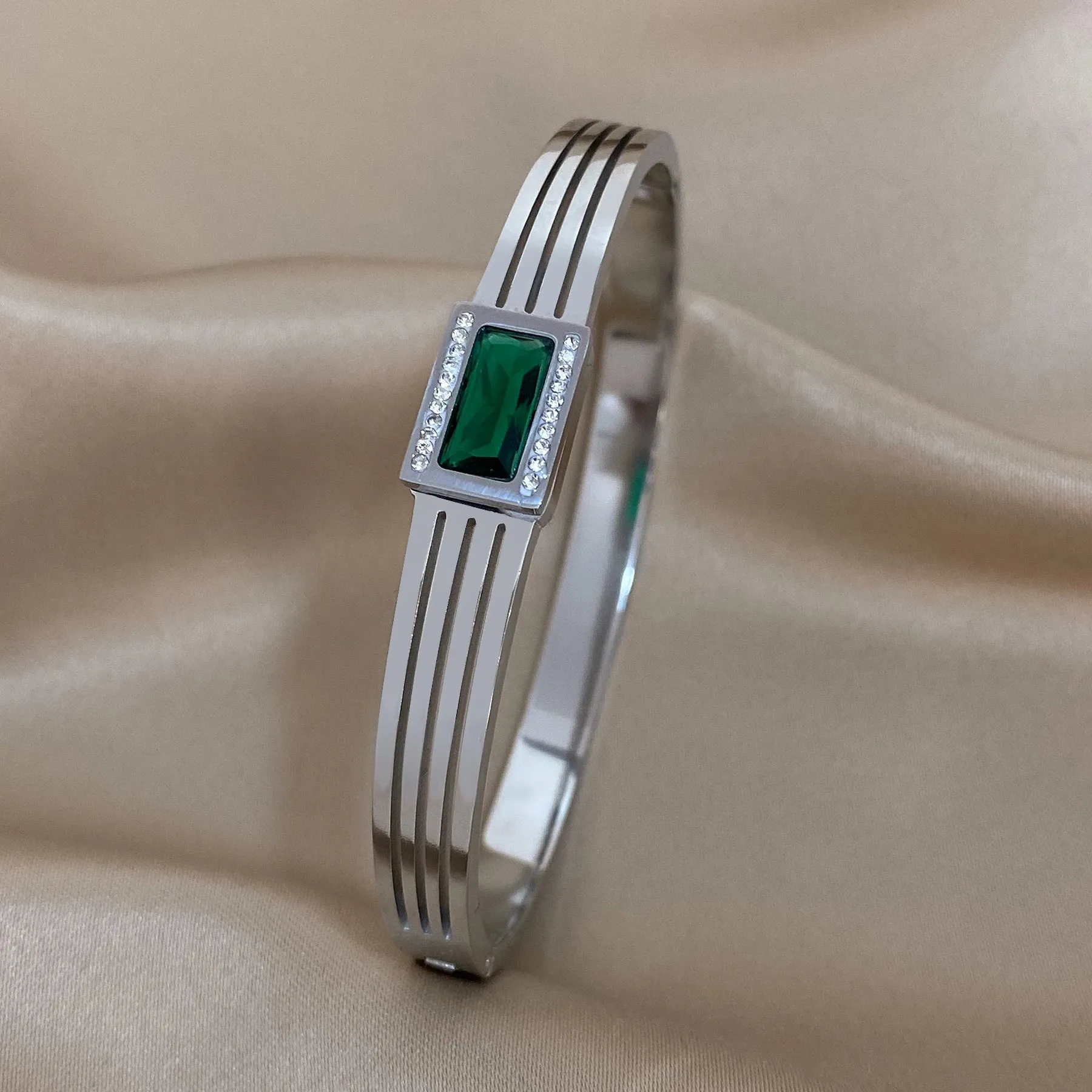Luxury Stainless Steel Cuff Bracelet For Women Mens Gold Silver Color Couple Bracelets Green White Rhinestone Wide Bangle Gift