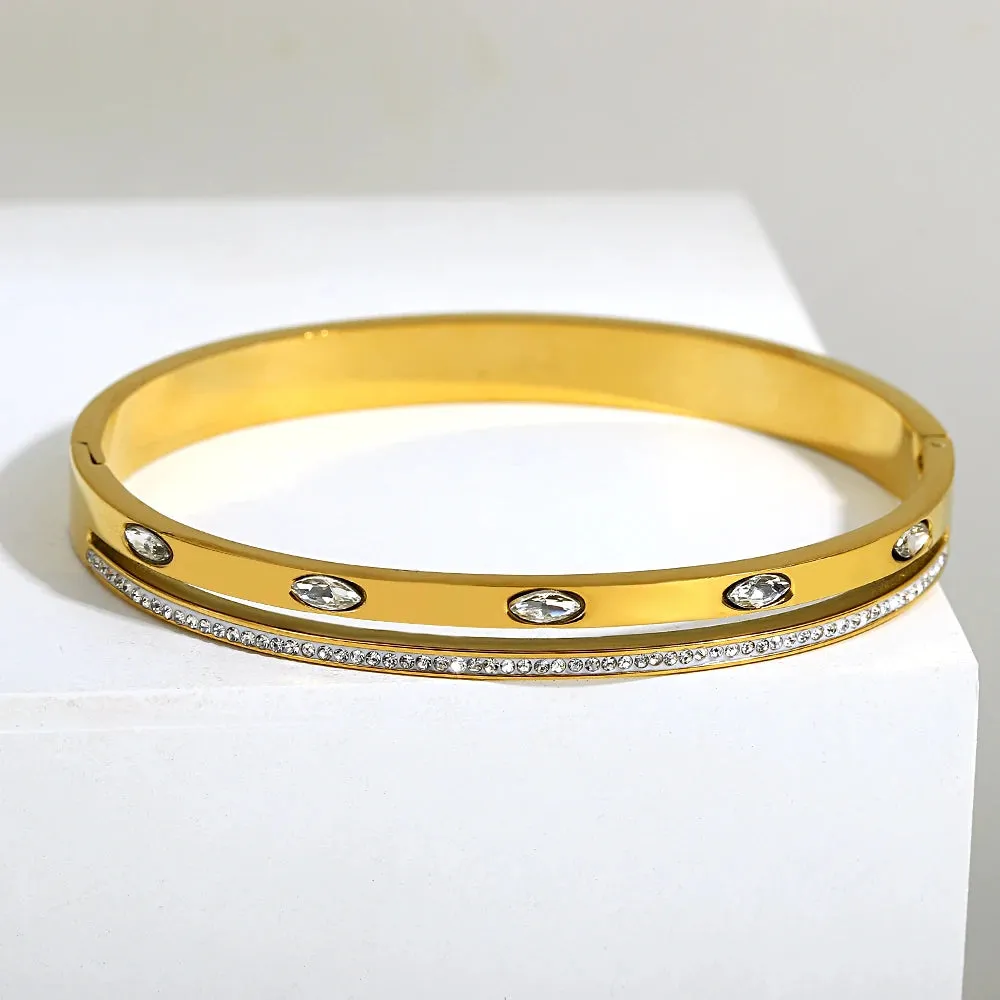 Luxury Stainless Steel Cuff Bracelet For Women Mens Gold Silver Color Couple Bracelets Green White Rhinestone Wide Bangle Gift
