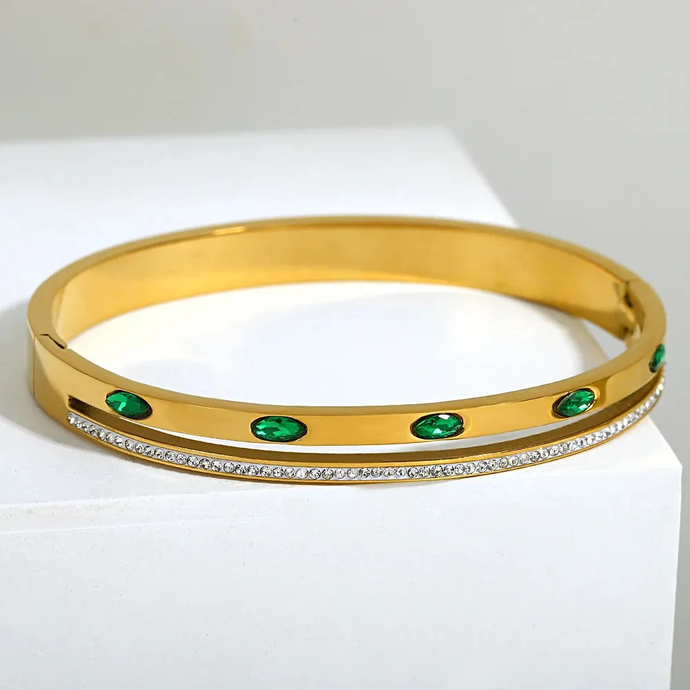 Luxury Stainless Steel Cuff Bracelet For Women Mens Gold Silver Color Couple Bracelets Green White Rhinestone Wide Bangle Gift