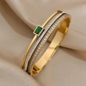 Luxury Stainless Steel Cuff Bracelet For Women Mens Gold Silver Color Couple Bracelets Green White Rhinestone Wide Bangle Gift