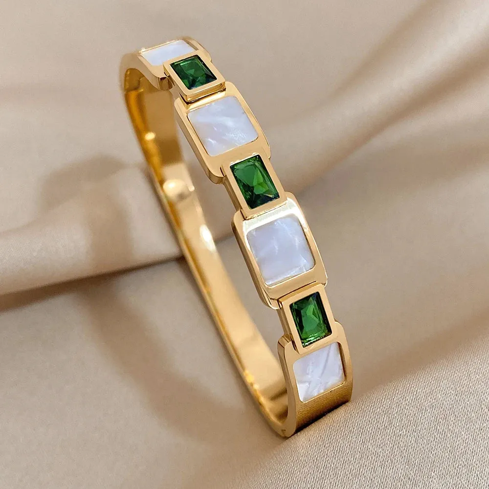 Luxury Stainless Steel Cuff Bracelet For Women Mens Gold Silver Color Couple Bracelets Green White Rhinestone Wide Bangle Gift