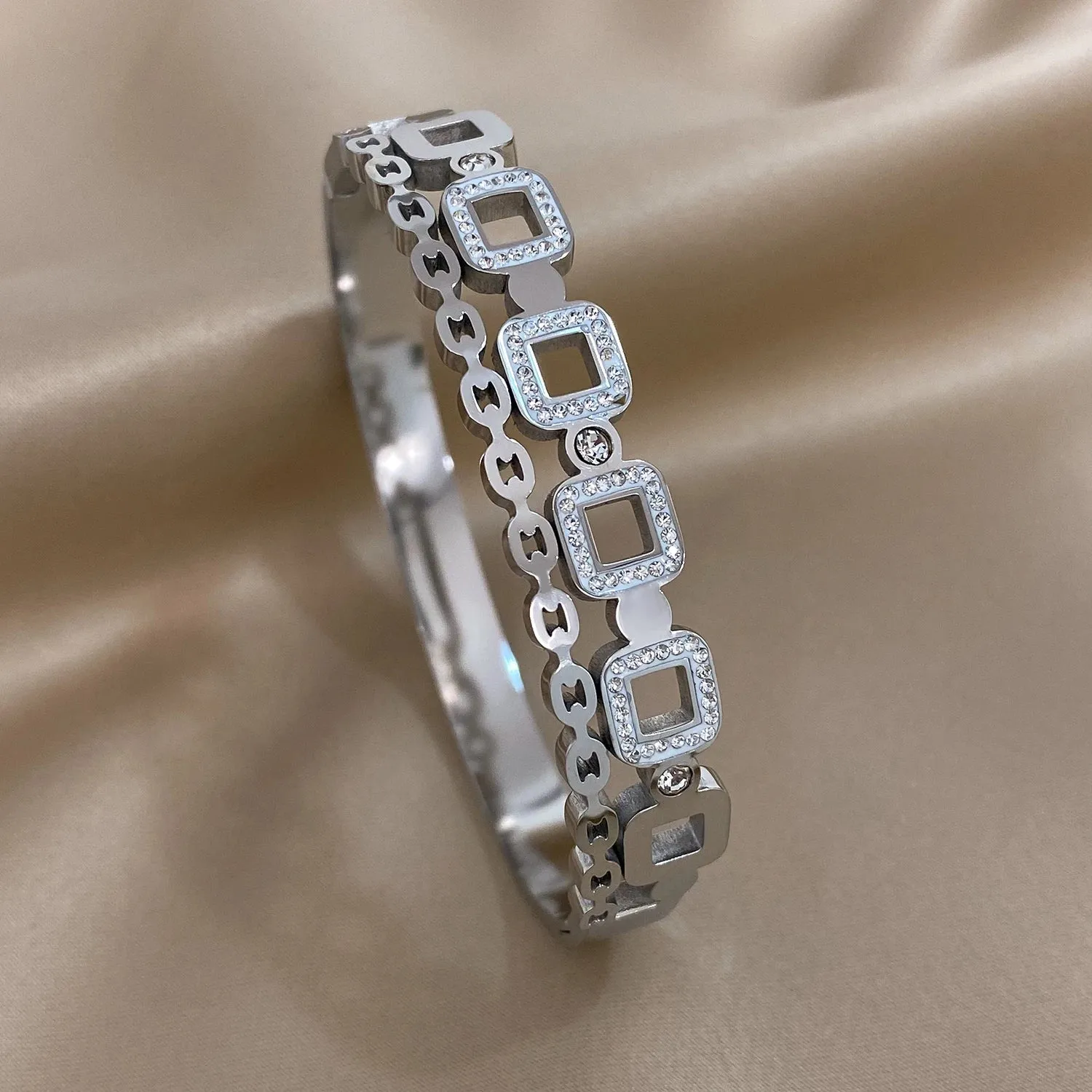 Luxury Stainless Steel Cuff Bracelet For Women Mens Gold Silver Color Couple Bracelets Green White Rhinestone Wide Bangle Gift