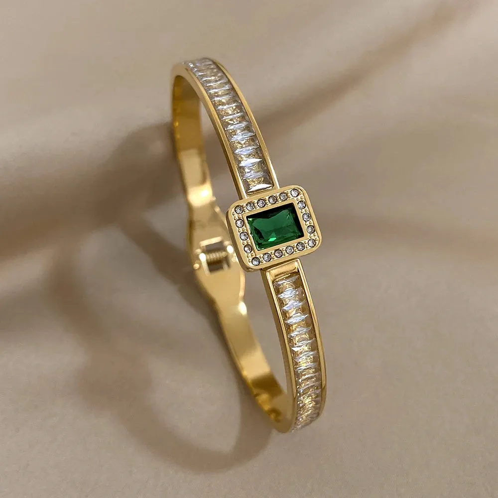 Luxury Stainless Steel Cuff Bracelet For Women Mens Gold Silver Color Couple Bracelets Green White Rhinestone Wide Bangle Gift