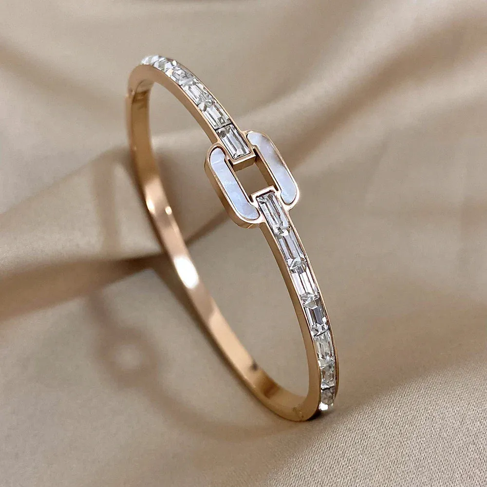 Luxury Zircon Stainless Steel White Shell Square Bracelet for Women Cuff Bangles Waterproof Simple Jewelry Accessories