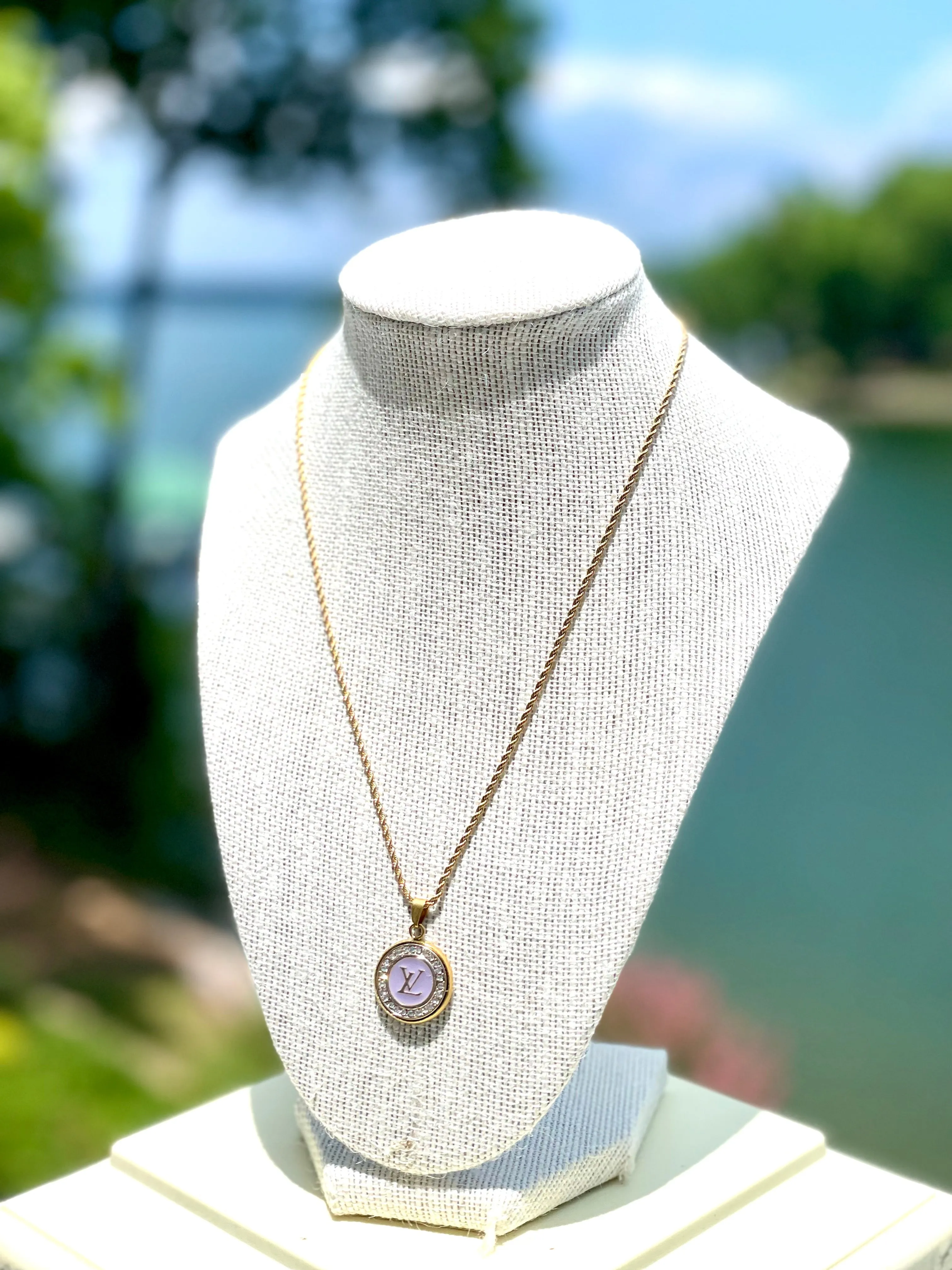 LV Purple & Gold Swarovski Halo Pendant Necklace