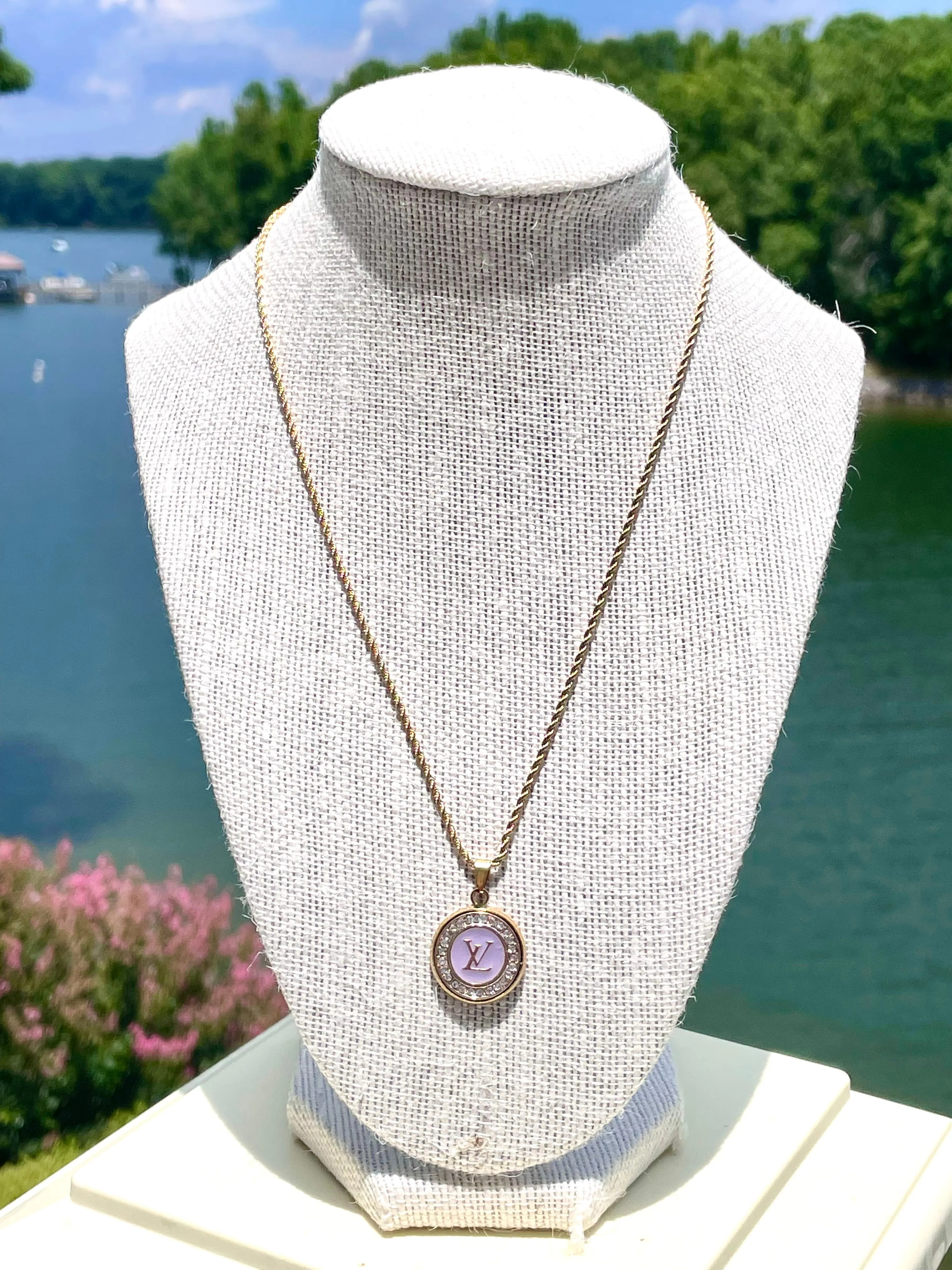 LV Purple & Gold Swarovski Halo Pendant Necklace