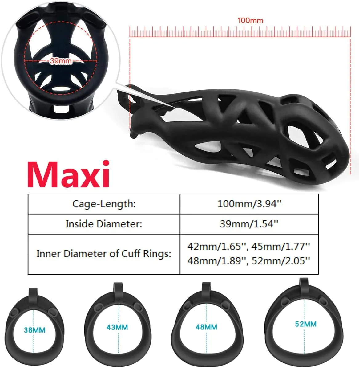 Male Chastity Cage Lock Device Kit W/ 4 Rings Virginity Device 5 Sizes Curve US