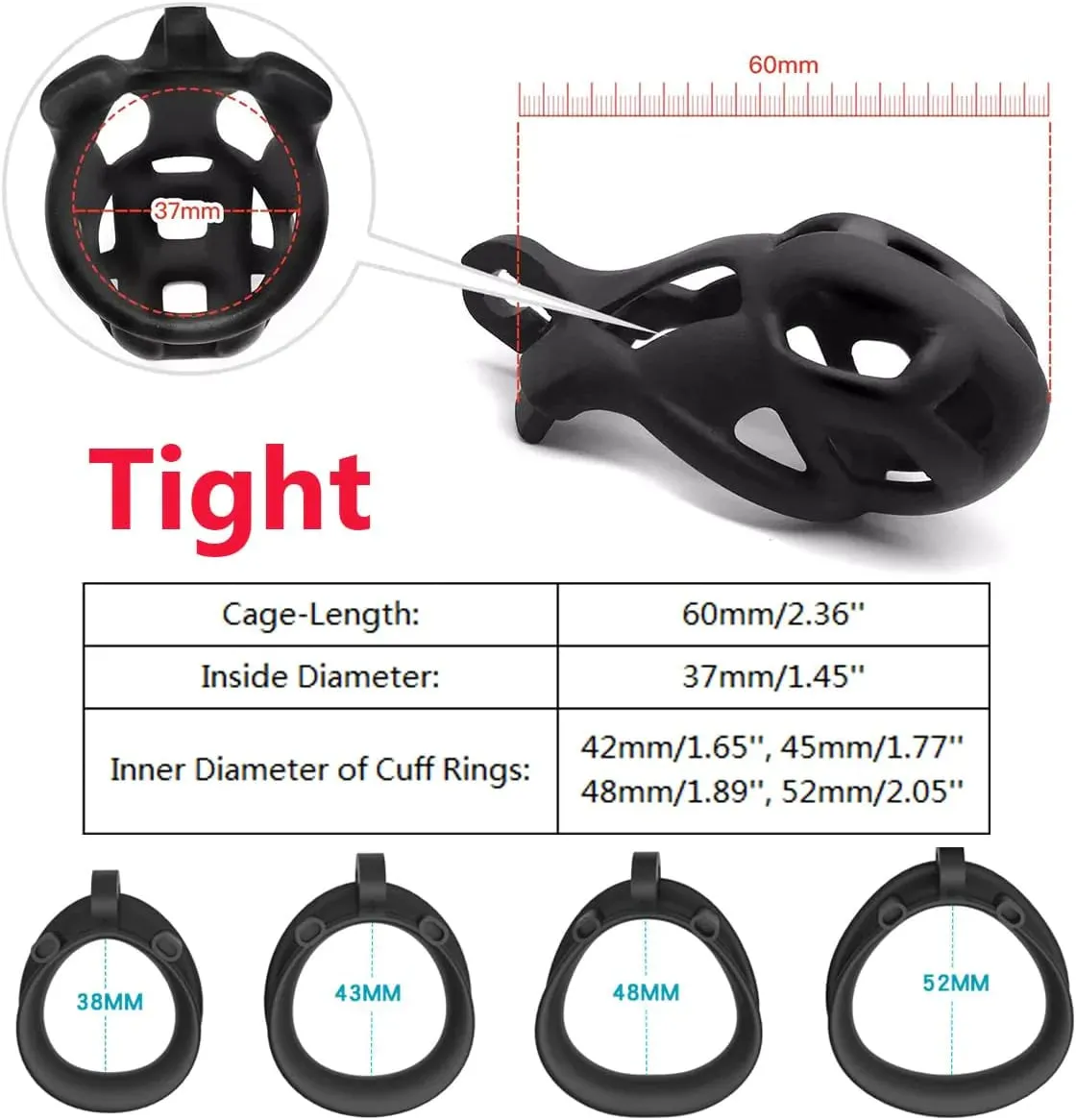 Male Chastity Cage Lock Device Kit W/ 4 Rings Virginity Device 5 Sizes Curve US