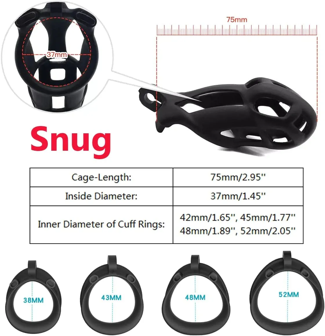 Male Chastity Cage Lock Device Kit W/ 4 Rings Virginity Device 5 Sizes Curve US