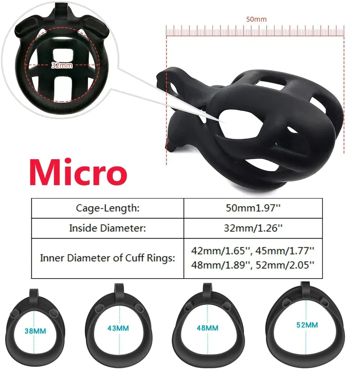 Male Chastity Cage Lock Device Kit W/ 4 Rings Virginity Device 5 Sizes Curve US