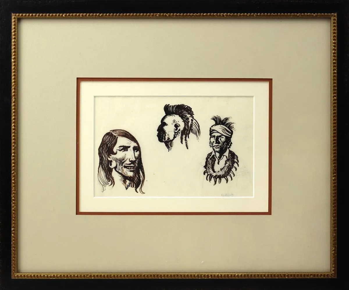 Maynard Dixon (1875-1946) - Single Sheet Three Indians, Mohawk, Bear Necklace and Earrings (PDX90436A-0522-013)