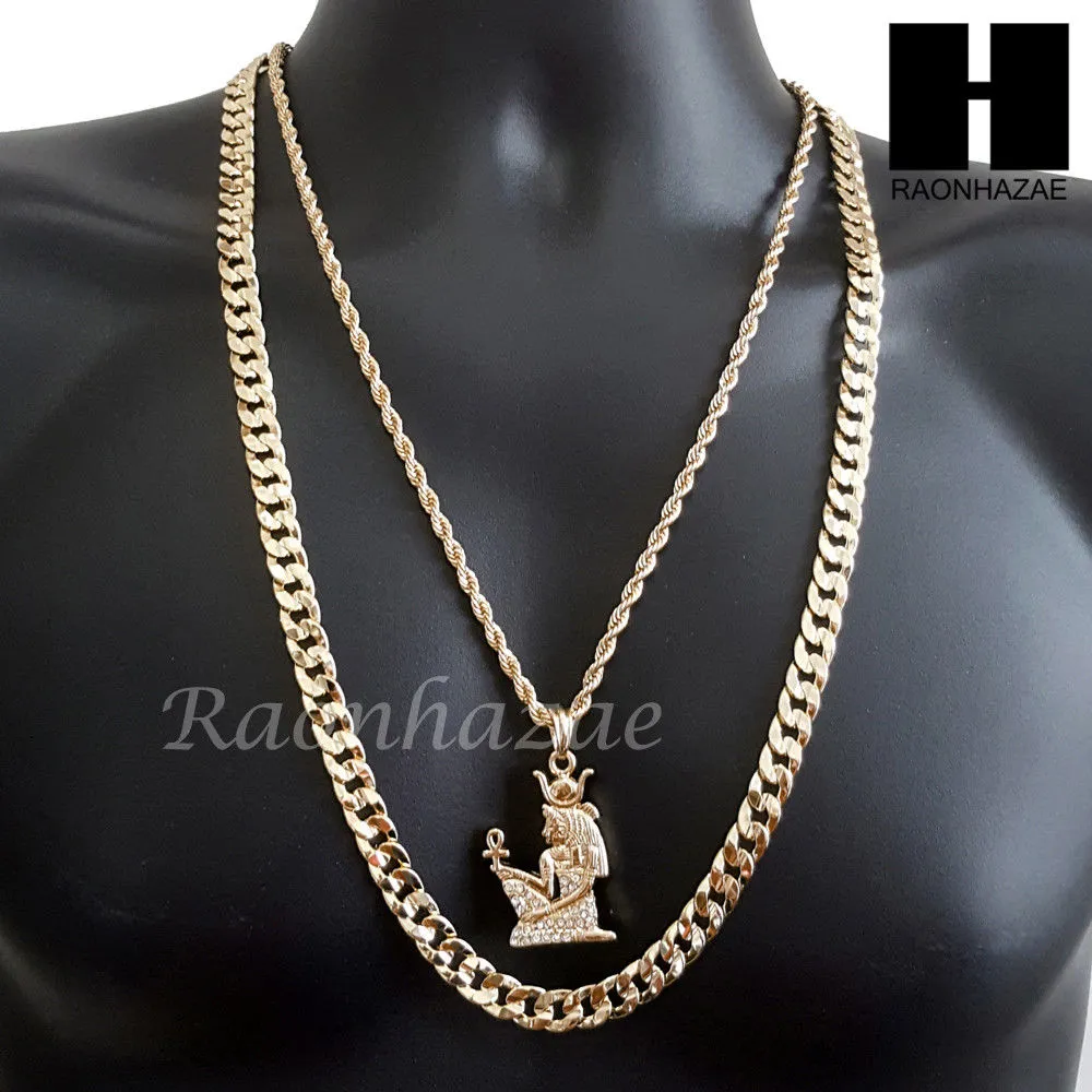 MEN GOLD NEFERTITI ANKH CHARM CUT 30" CUBAN LINK CHAIN NECKLACE S083G
