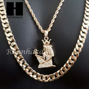 MEN GOLD NEFERTITI ANKH CHARM CUT 30" CUBAN LINK CHAIN NECKLACE S083G