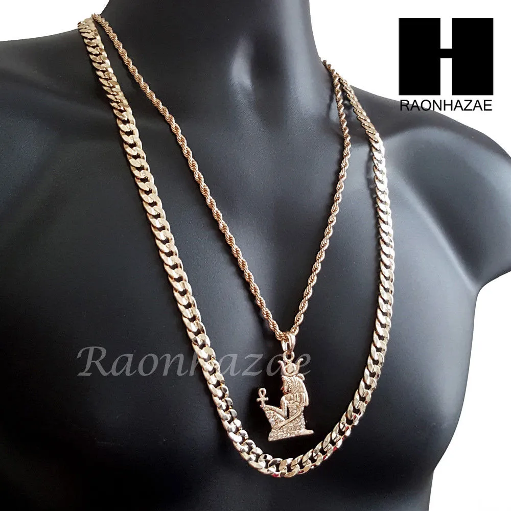 MEN GOLD NEFERTITI ANKH CHARM CUT 30" CUBAN LINK CHAIN NECKLACE S083G