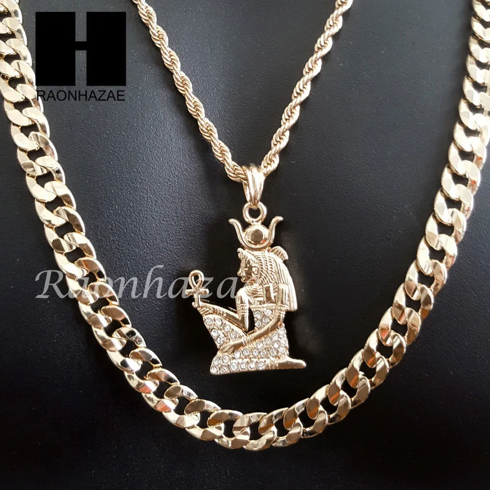 MEN GOLD NEFERTITI ANKH CHARM CUT 30" CUBAN LINK CHAIN NECKLACE S083G