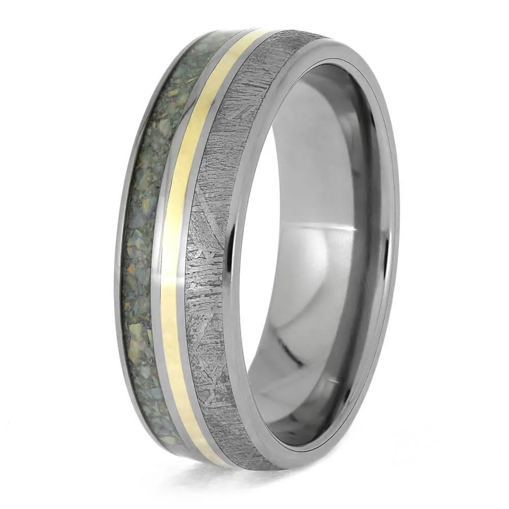 Meteorite and Opal Wedding Band in Titanium with Gold Pinstripe