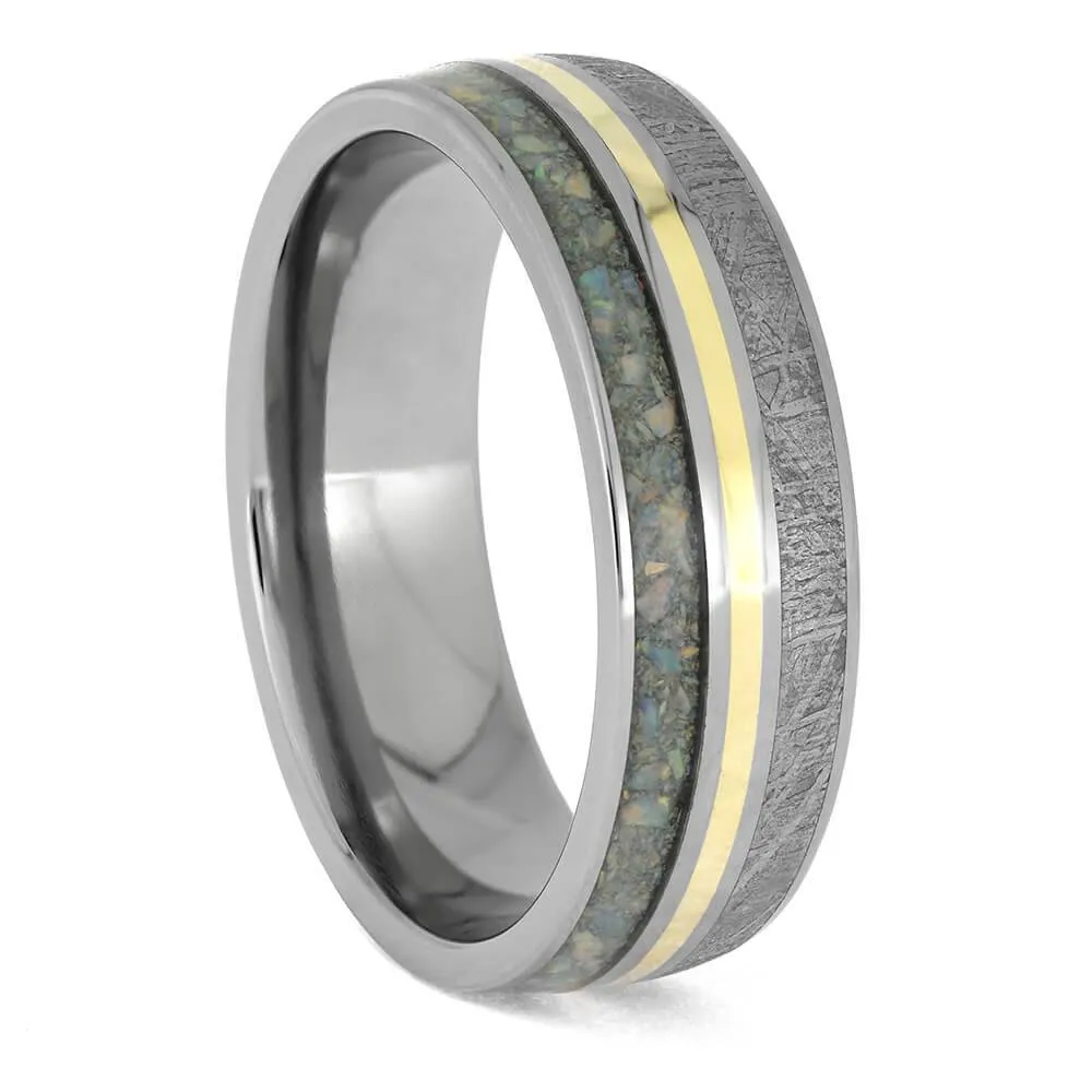 Meteorite and Opal Wedding Band in Titanium with Gold Pinstripe
