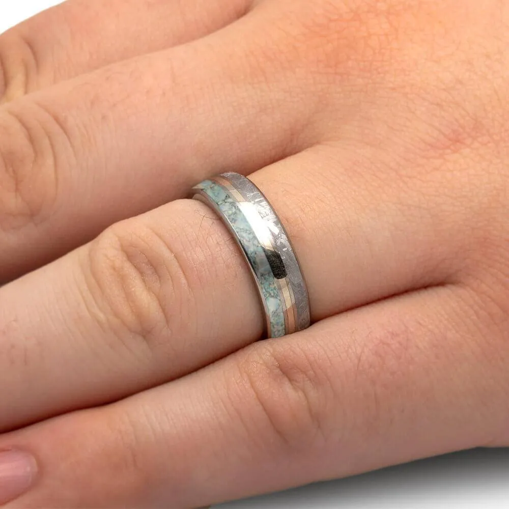 Meteorite and Opal Wedding Band in Titanium with Gold Pinstripe