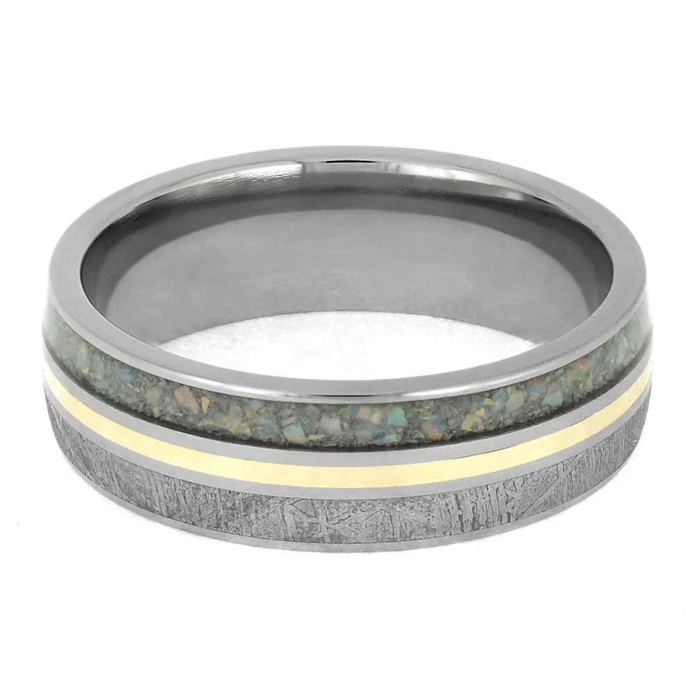 Meteorite and Opal Wedding Band in Titanium with Gold Pinstripe