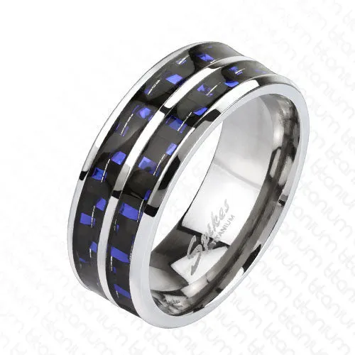 Mirror Polished Titanium Ring with Double Blue/Black Carbon Fiber Inlay.