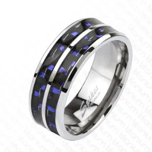 Mirror Polished Titanium Ring with Double Blue/Black Carbon Fiber Inlay.