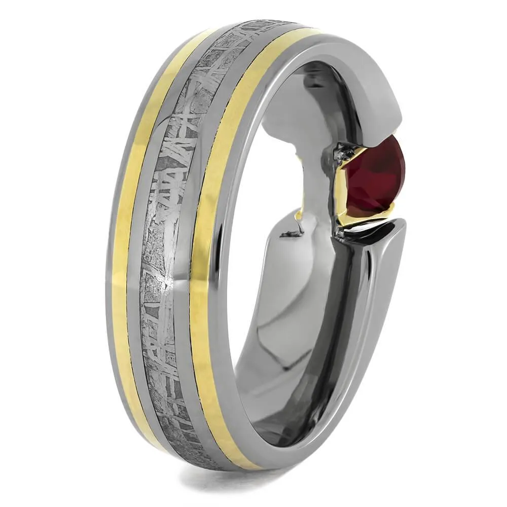Modern Engagement Ring with Meteorite, Ruby, and Gold Pinstripes