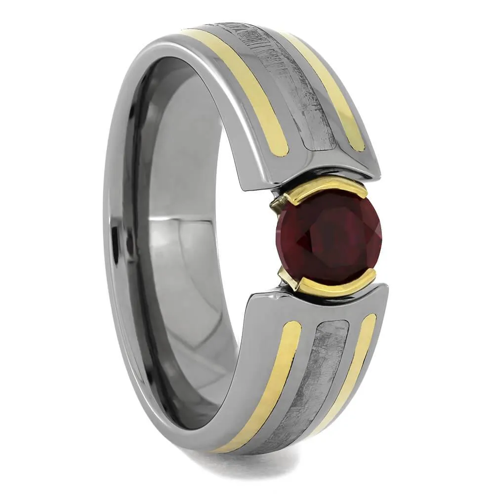 Modern Engagement Ring with Meteorite, Ruby, and Gold Pinstripes