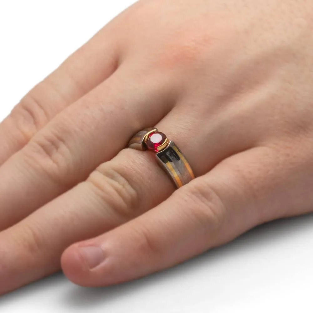 Modern Engagement Ring with Meteorite, Ruby, and Gold Pinstripes