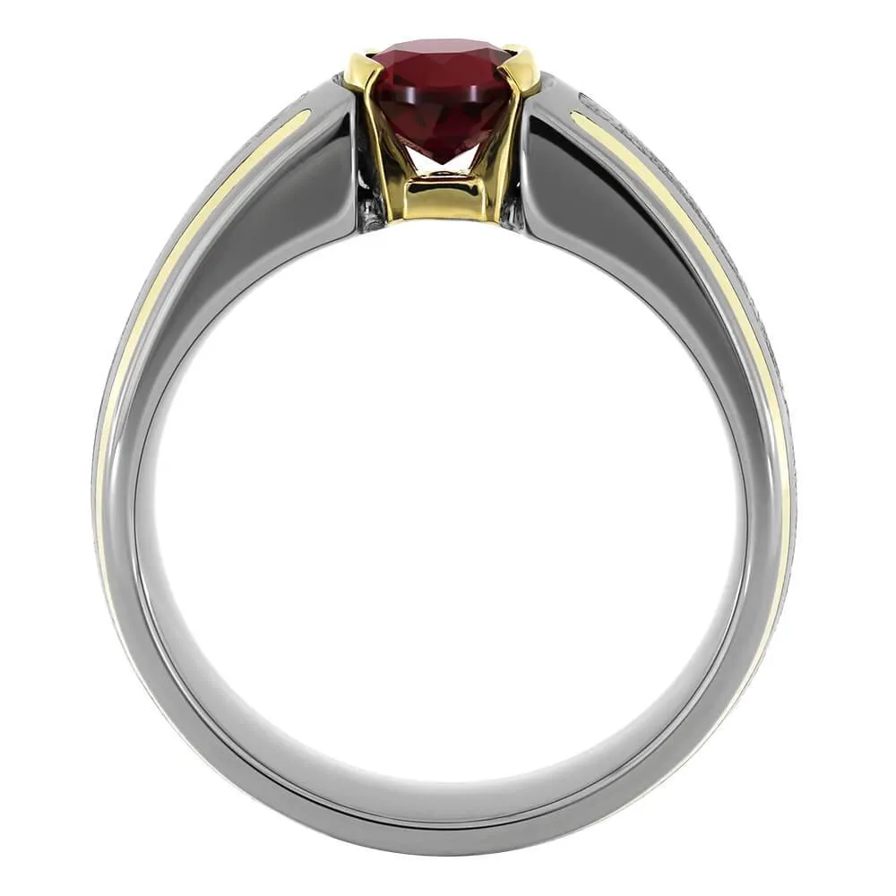Modern Engagement Ring with Meteorite, Ruby, and Gold Pinstripes