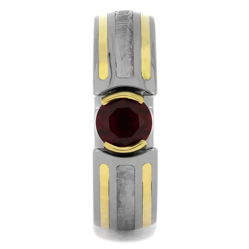 Modern Engagement Ring with Meteorite, Ruby, and Gold Pinstripes